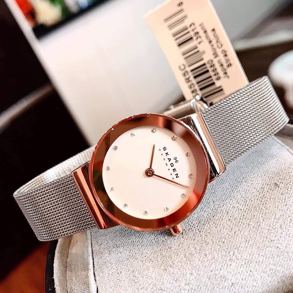 Đồng hồ nữ Skagen dây mesh bạc, mặt màu Rose Gold quyến rũ