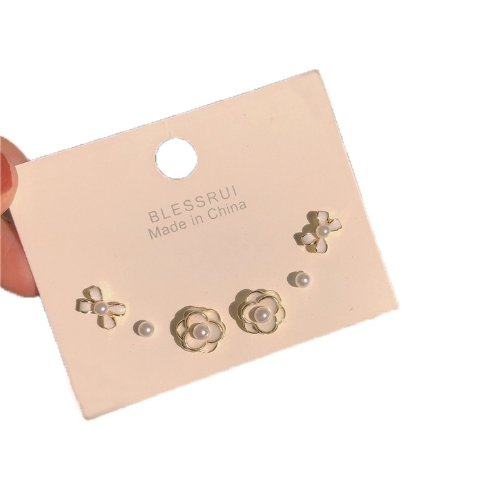 Set 3 đôi khuyên tai DODDER dạng xỏ thiết kế hoa trà nơ đính hạt ngọc trai nhân tạo thời trang dành cho nữ