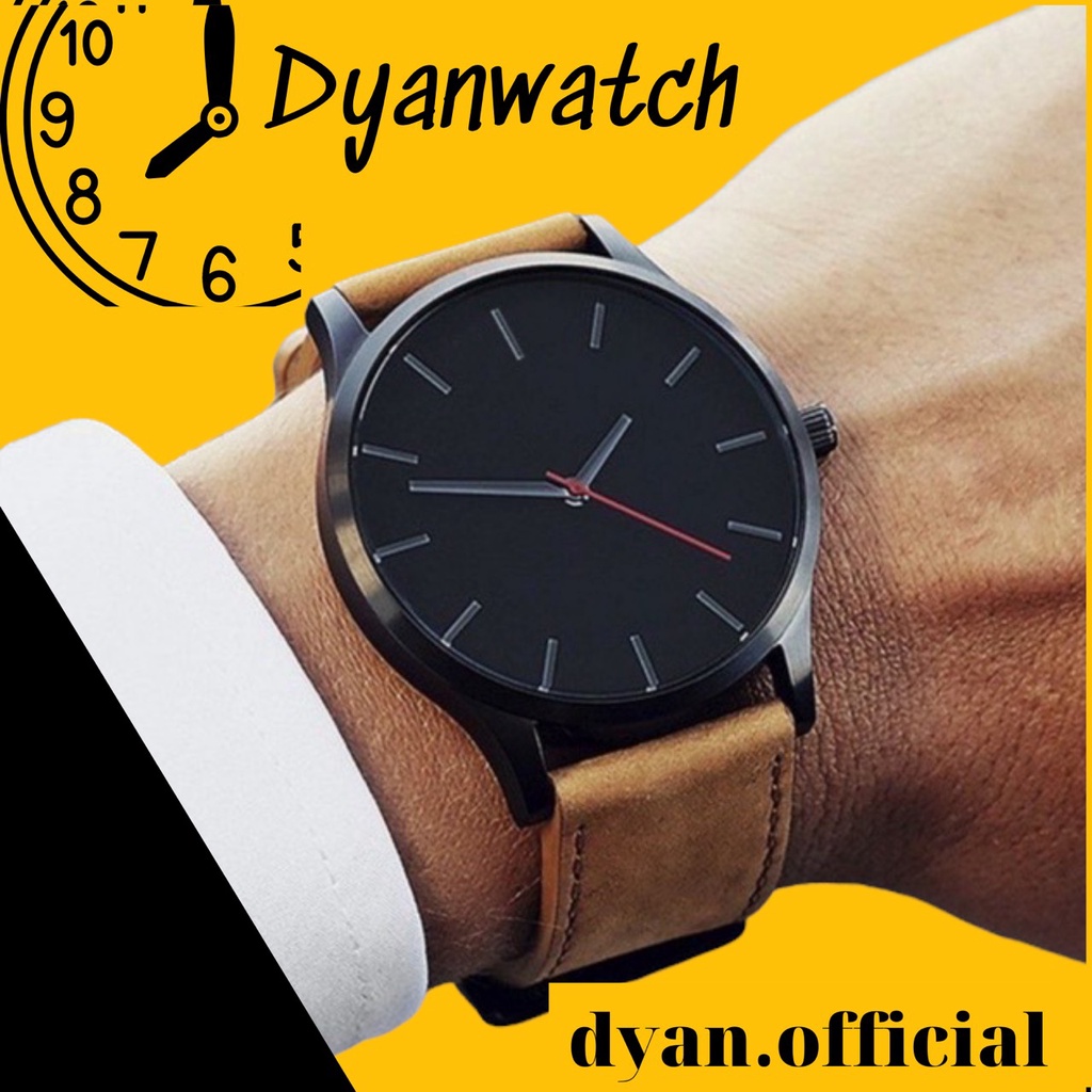 Đồng hồ đeo tay nam Dyanwatchshop dây da mặt tròn cá tính bassic