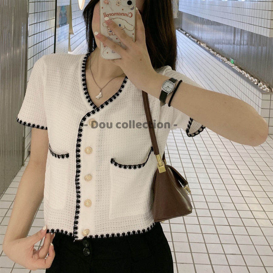 [Nowship2h] Áo Sơ Mi Cộc Dệt Kim Cao Cấp Tay Ngắn Cổ V, Áo Len Tay Ngắn Retro Phong Cách Hàn Quốc - Mã TA011