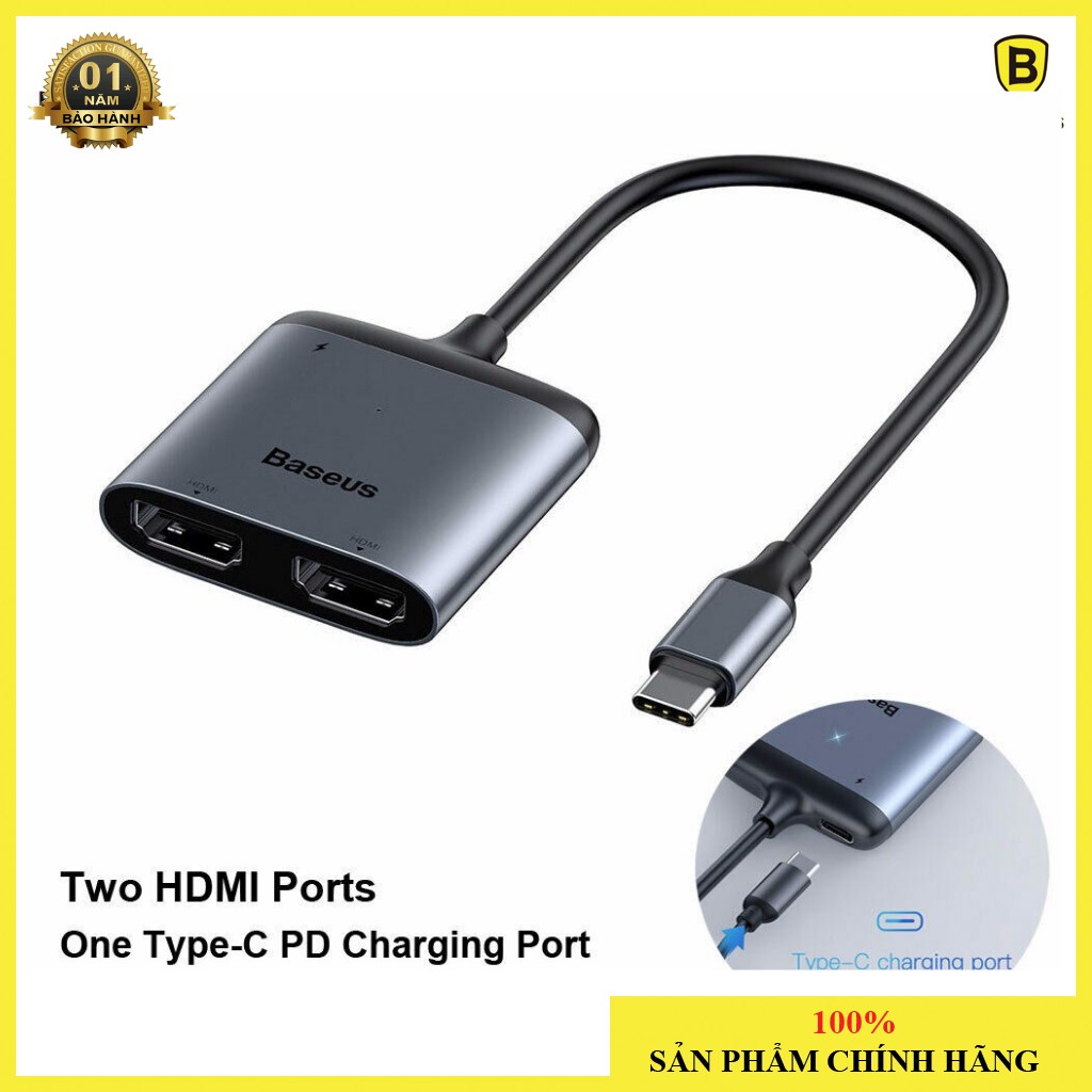Hub chuyển Baseus Enjoy Series Type C to Dual HDMI 4K+Type C PD intelligent HUB adapter Grey cho Smartphone/ iPad Pro 20