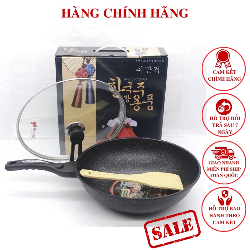 Chảo Chống Dính Vân Đá Sâu Lòng Coopia Hàn Quốc size 32cm Kèm Vung Kính Trong Suốt