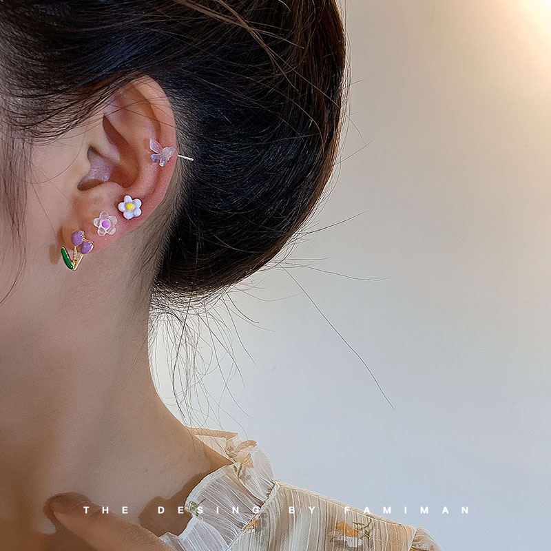 Bông Tai Mạ Bạc 925 Hình Hoa Tulip / Bướm / Trái Tim Màu Trơn Đơn Giản Thời Trang Cho Nữ