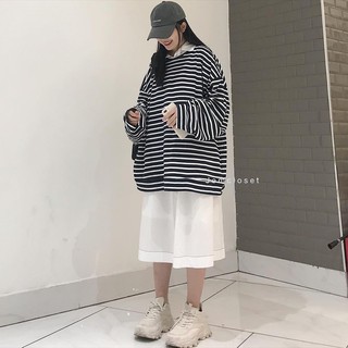 Áo sweater sọc sense kẻ đen trắng - áo nỉ cổ tròn kẻ tay bo 2 màu unisex
