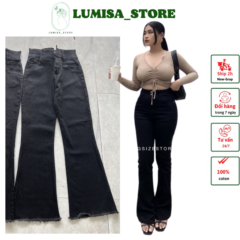 Quần jeans nữ bigsize ống loe đen trơn lưng cao co giãn LUMISA