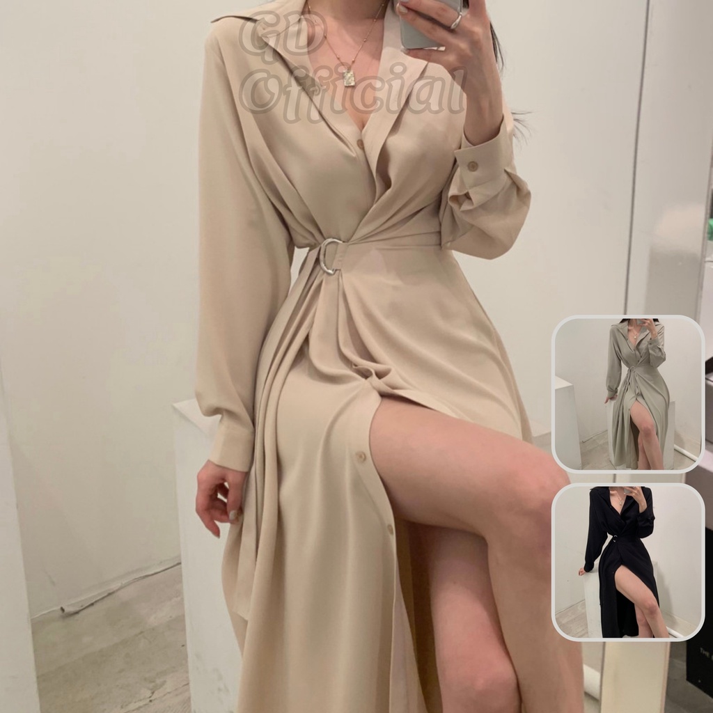 D37|Đầm nữ sơ mi thắt eo dài tay công sở đơn giản, dạ tiệc gd_order