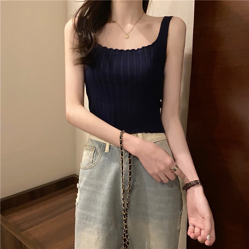 Áo Croptop Dệt Kim Hai Dây Dạng Cuộn Đa Năng Cho Nữ