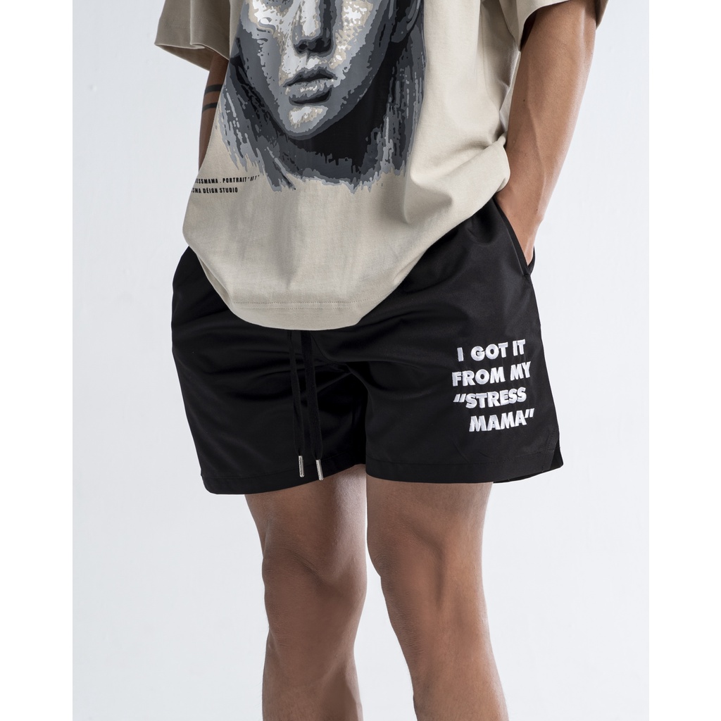 Stressmama Quần shorts IGIFMS SHORTS V2 màu đen chất liệu 100% Polyester form trên gối, hoa tiết thêu Local Brand