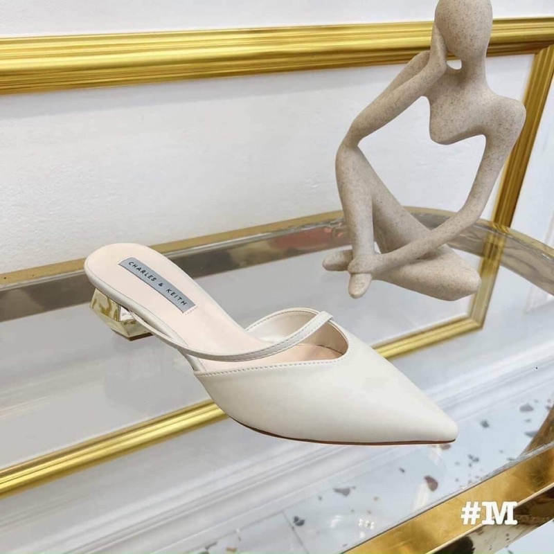 Guốc cao gót mũi nhọn dây chéo gót bọc vàng loại 1