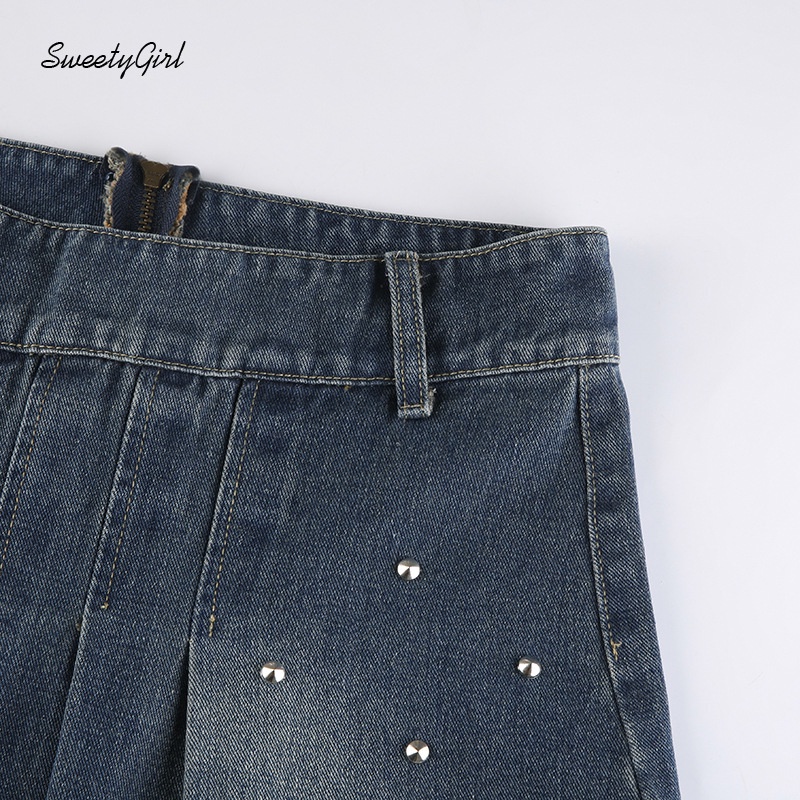 Chân váy jean Lưng Thấp Đính Đinh Tán Phối Khóa Kéo Thời Trang Cho Nữ 2022
