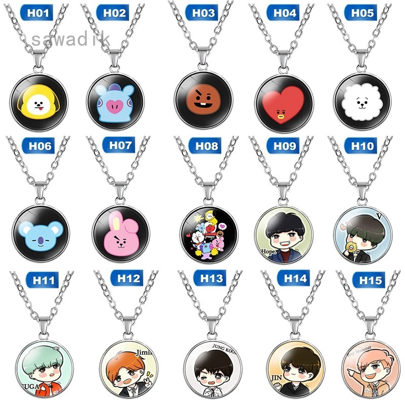 Sawadik 15 Styles Kpop Bts Necklace Bangtan Boys Cartoon Time Gemstone Double-Sided Jewelry Pendant Bt21 Fans Gift