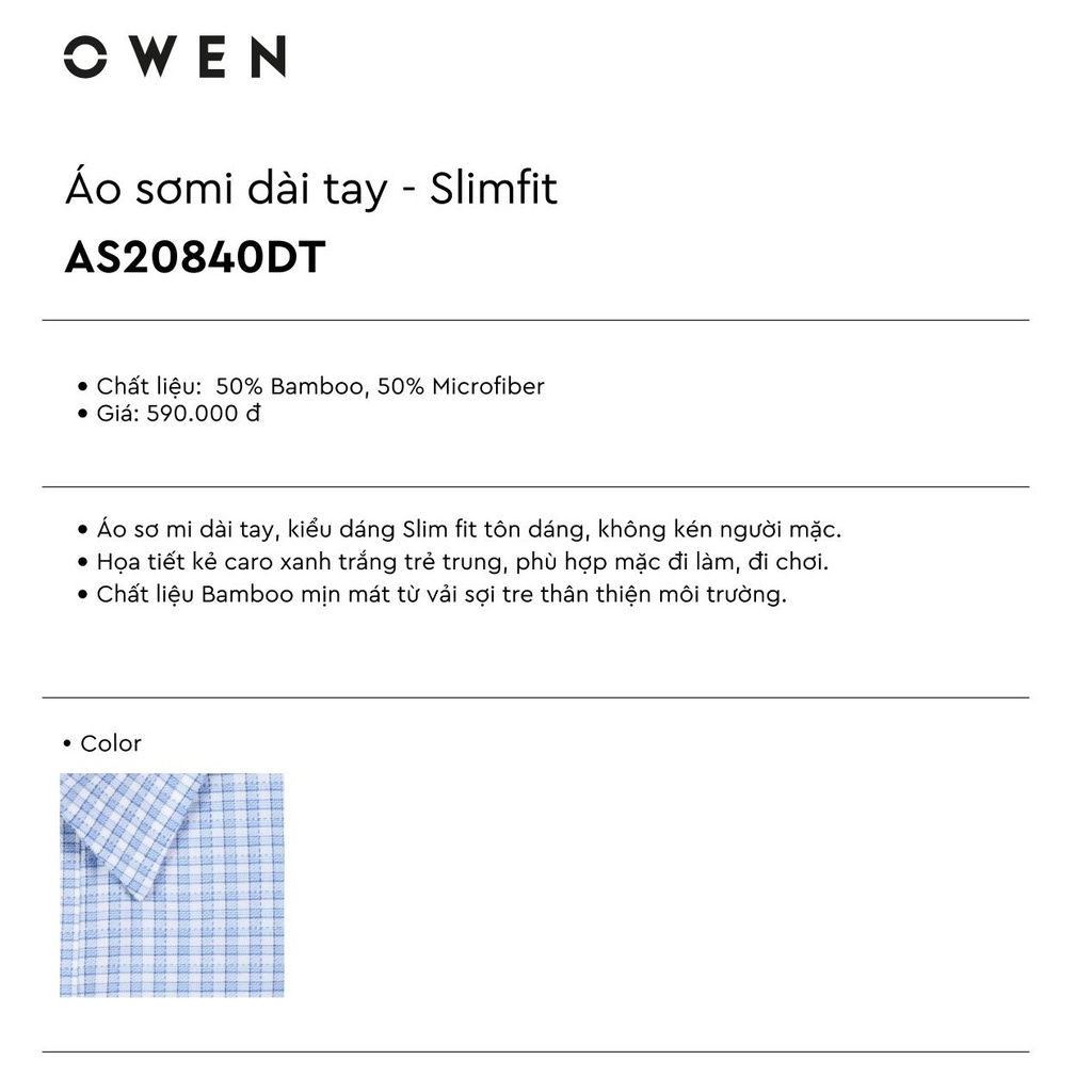 Áo Sơ Mi Nam Tay Dài Owen AS20840DT Dáng Slim Fit Màu Trắng Kẻ Caro Xanh