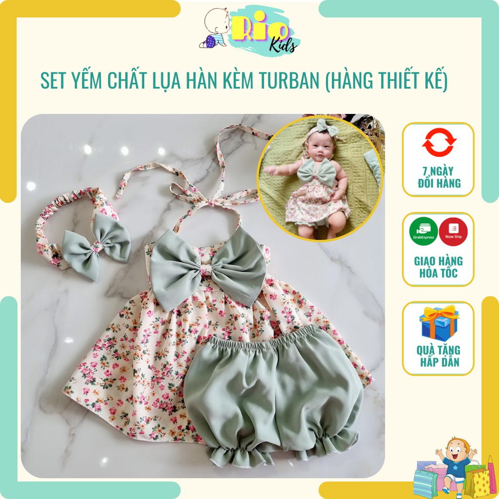 Set áo yếm lụa Hàng Châu thiết kế 2 dây quần đùi bo ống tặng kèm Turban cho bé gái từ 5 đến 19kg đi chơi - Riokids BD6