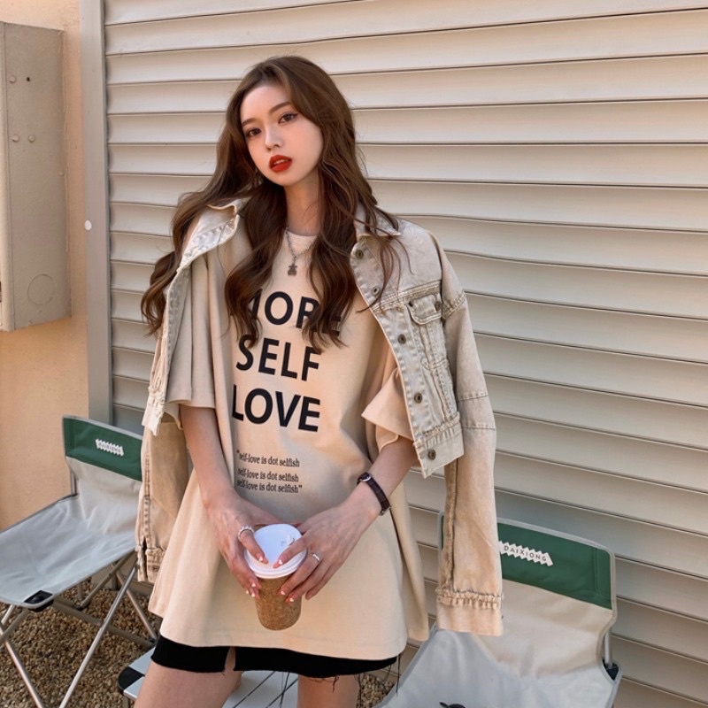 Áo thun cotton tay lỡ dáng rộng unisex - more self love