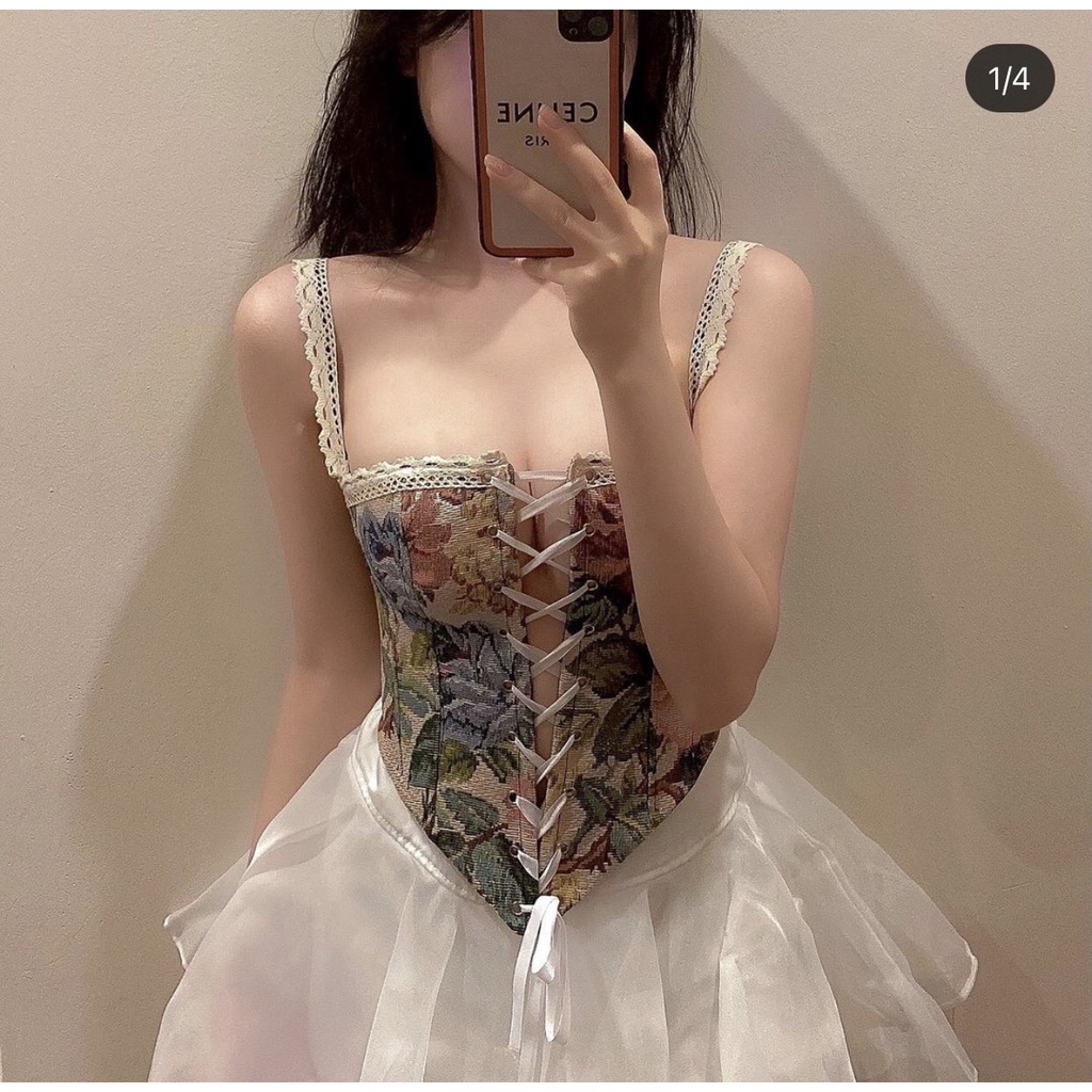 Áo corset hoa vintage có gọng định hình ảnh thật