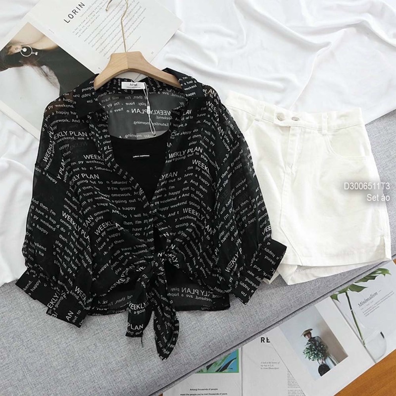Set áo sơ mi họa tiết chữ vạt buộc nơ kèm áo lót