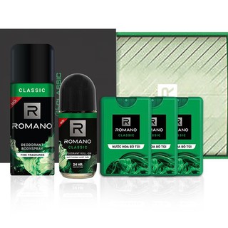 [Romano] Hộp Quà Romano Classic: 3 Nước Hoa Bỏ Túi 18Ml/Chai + Xịt Toàn Thân 150Ml + Lăn 50Ml - Tặng Kèm Áo Thun.