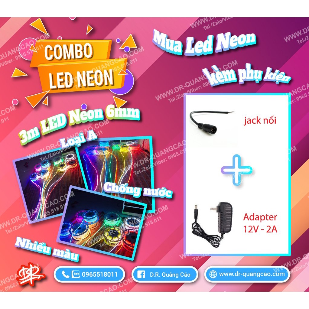 3m dây led neon 6mm loại tốt led loại A nhiều màu + adapter 12v 2a và jack cái dùng sản xuất đèn led neon.