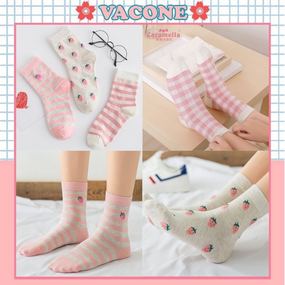Tất cổ cao Vacone vớ nữ họa tiết dâu tây phong cách vintage nhẹ nhàng TN117