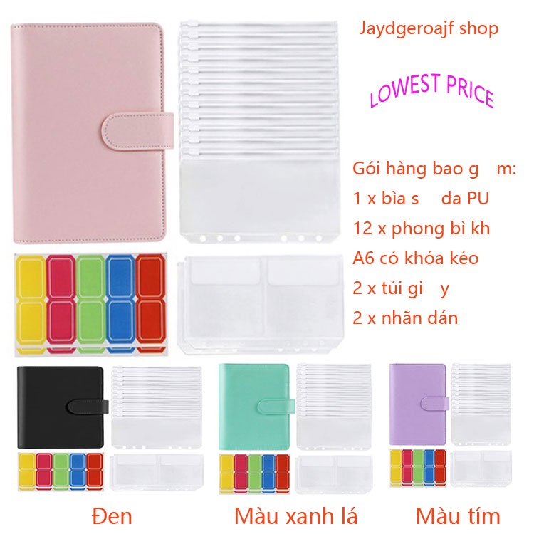 Bộ bìa sổ còng 6 lỗ khổ A6 bằng da PU kèm phong bì đựng tiền dùng làm sổ ghi chép chi tiêu tiết kiệm