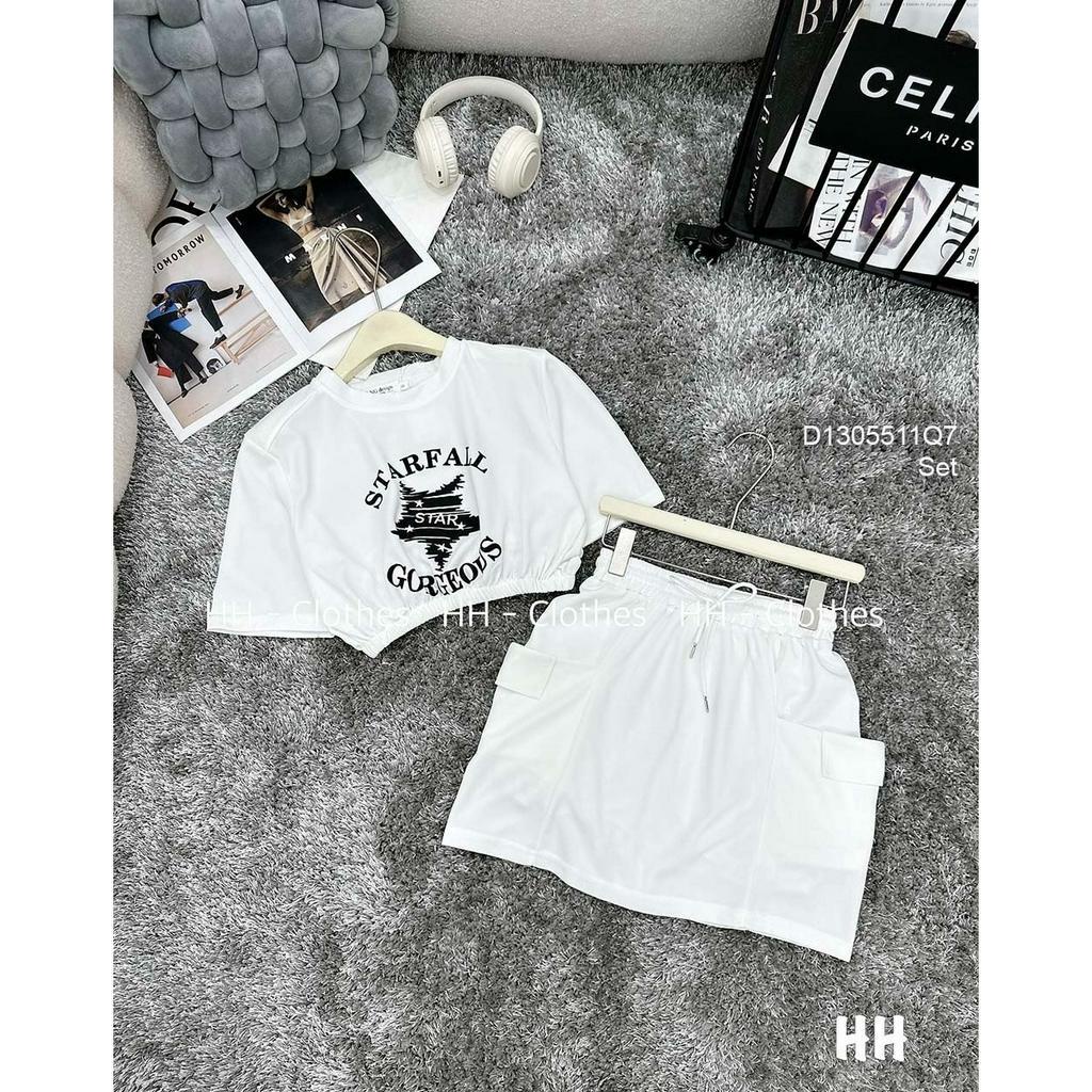 Set áo croptop khoét lưng kèm chân váp đắp túi nắp