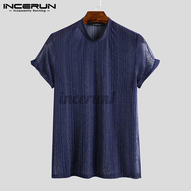 Áo INCERUN Tay Ngắn Lưới Xuyên Thấu Họa Tiết Sọc Dành Cho Nam
