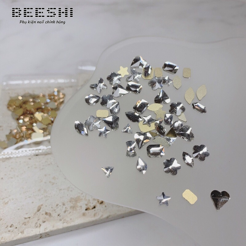 Đá khối chân bằng mix size 100 viên, Trắng, AB, Vàng- beeshi shop nail