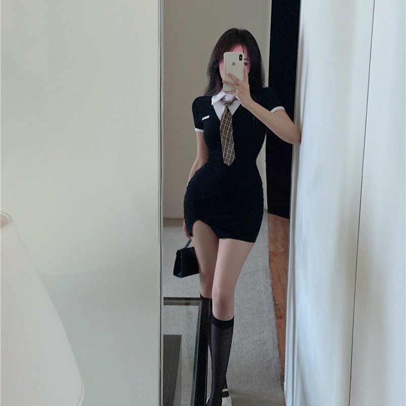 Set Áo Thun Cổ Bẻ + Chân Váy Ôm Xẻ Tà Phong Cách Preppy Thời Trang Cho Nữ