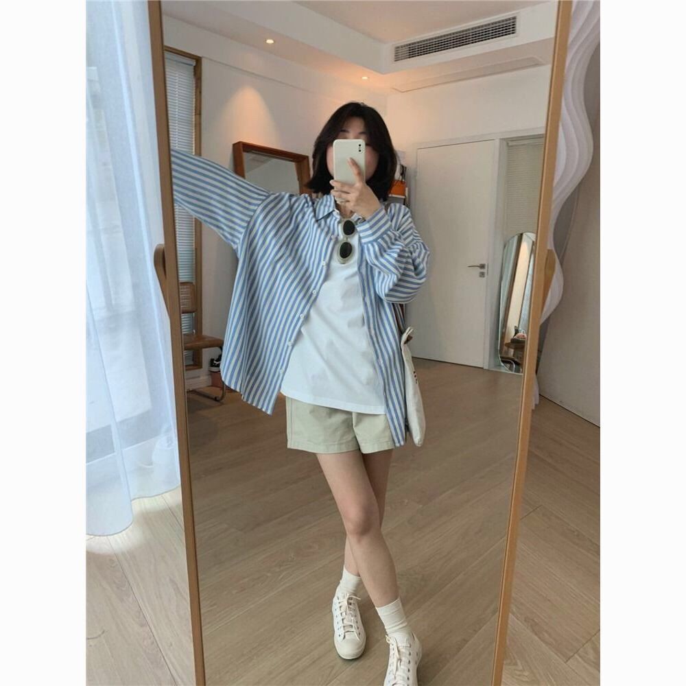 Áo Sơ Mi Dài Tay Họa Tiết Kẻ Sọc Phong Cách Hàn Quốc Dành Cho Nữ