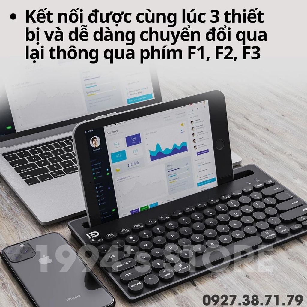 [Bản Mới - Pin Sạc] Bàn Phím Không Dây Bluetooth Forter IK3381 - IK3381M - Kết nối cùng lúc 3 thiết bị