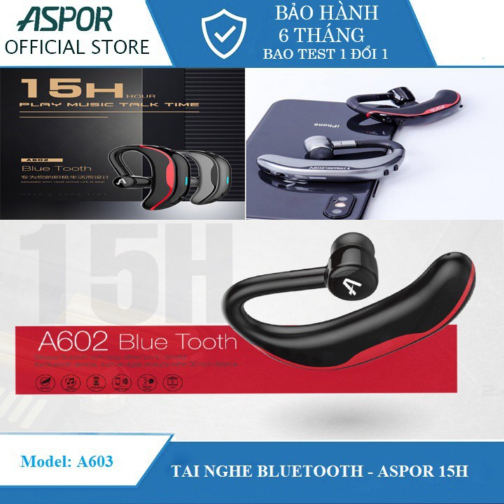 Tai Nghe Đàm Thoại Bluetooth 15H Aspor A602- Khử Nhiễu, Lọc Tiếng Ồn, Chính Hãng Aspor