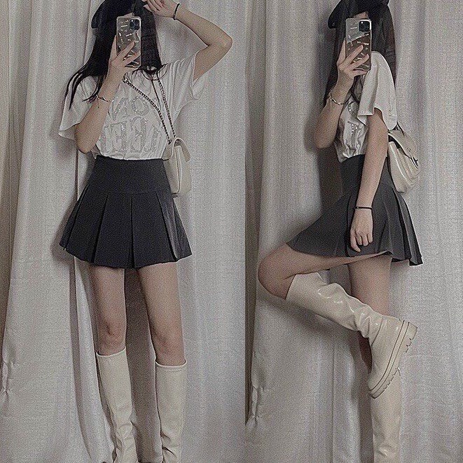 Chân váy xếp ly ngắn bản to màu xám phong cách Hàn Quốc