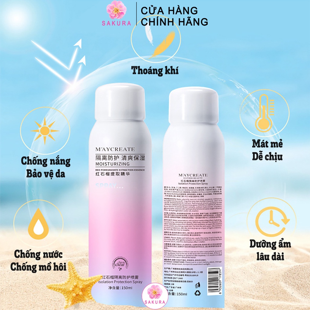 Chai Xịt chống nắng body giữ ẩm trắng da nâng tone chống lại tia UV MAYCREATE nội địa trung SAKURA 150ml