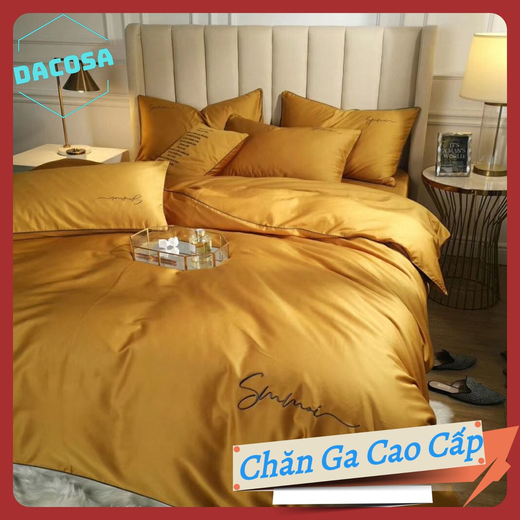 [Giá Sỉ] Bộ Chăn Ga Gối LỤA SUMOI 60S Màu Vàng Cao Cấp Khách Sạn