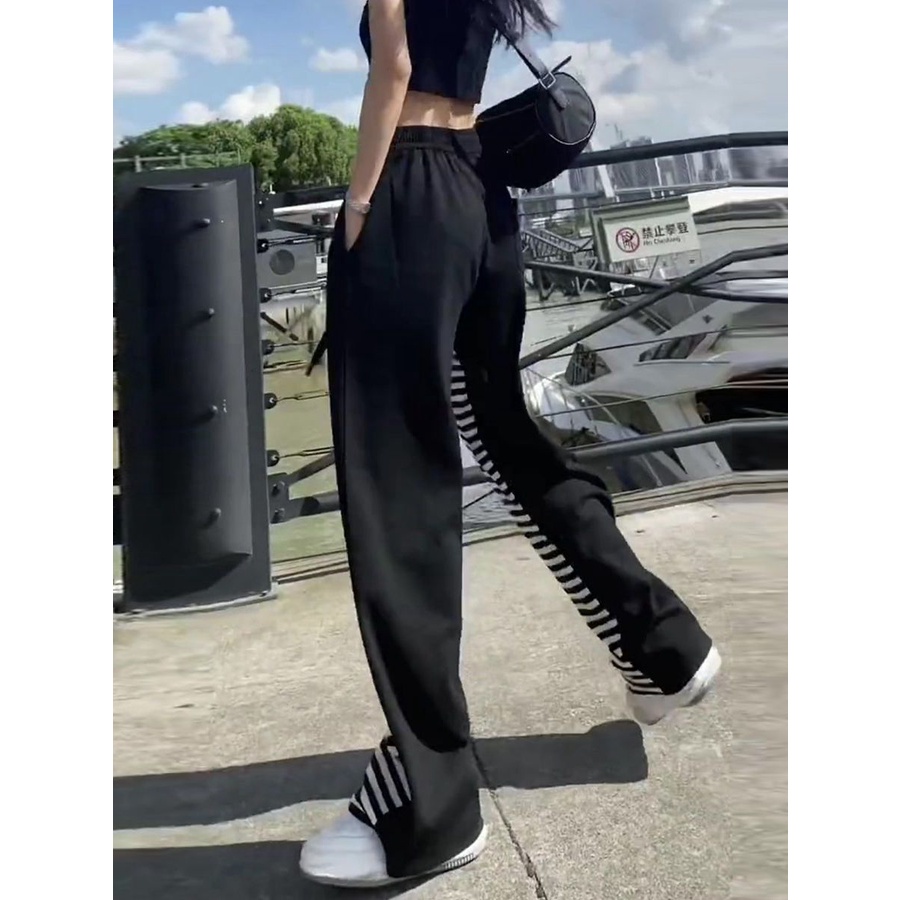 Jiashucheng Quần Ống Rộng Lưng Cao Dáng Suông Cỡ Lớn Kẻ Sọc Màu Tương Phản Phong Cách Mới Cho Nữ