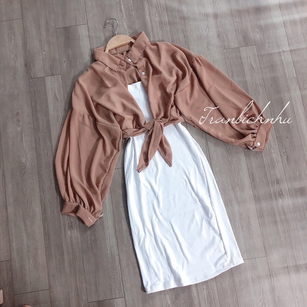 set áo sơ mi voan xinh màu nâu đầm trắng thun cotton siêu xinh xắn