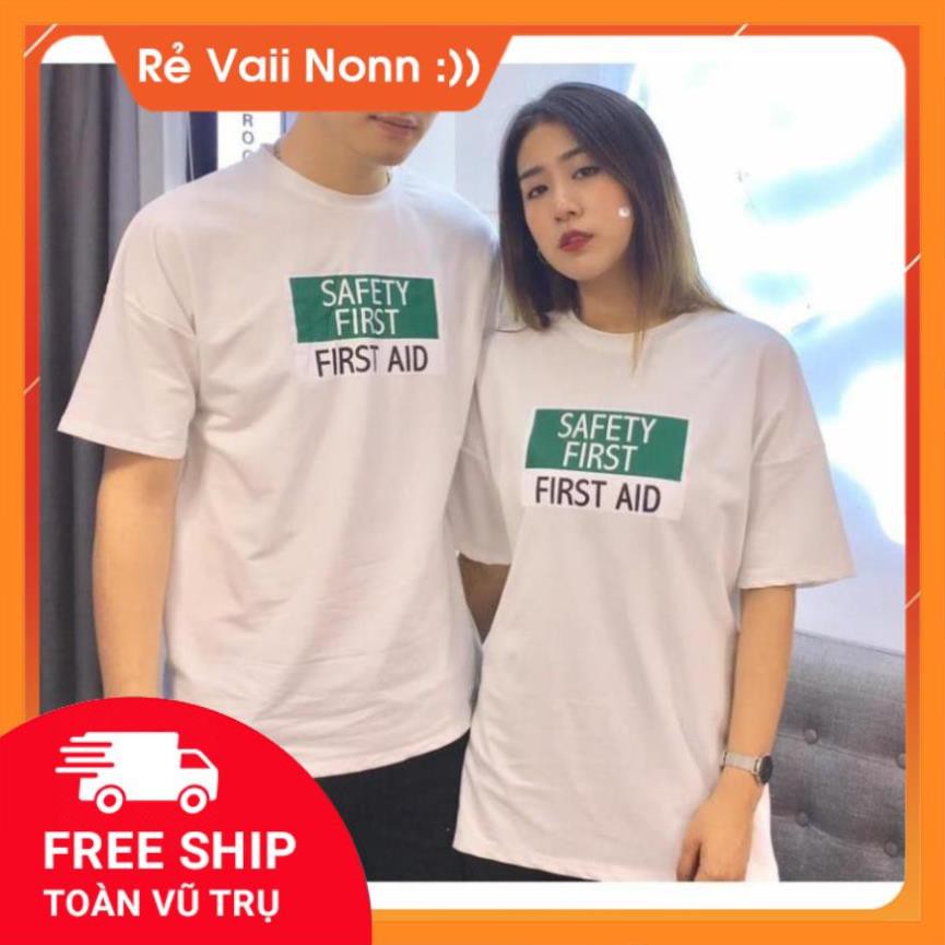 Áo thun cặp đôi in chữ SAFETY FIRST FIRST AID vải dày mịn [MÀU TRẮNG]