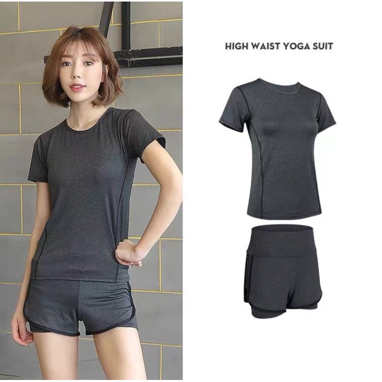 Set bộ đồ tập gym, yoga, aerobic nữ 2 món, áo thun quần đùi 2 lớp