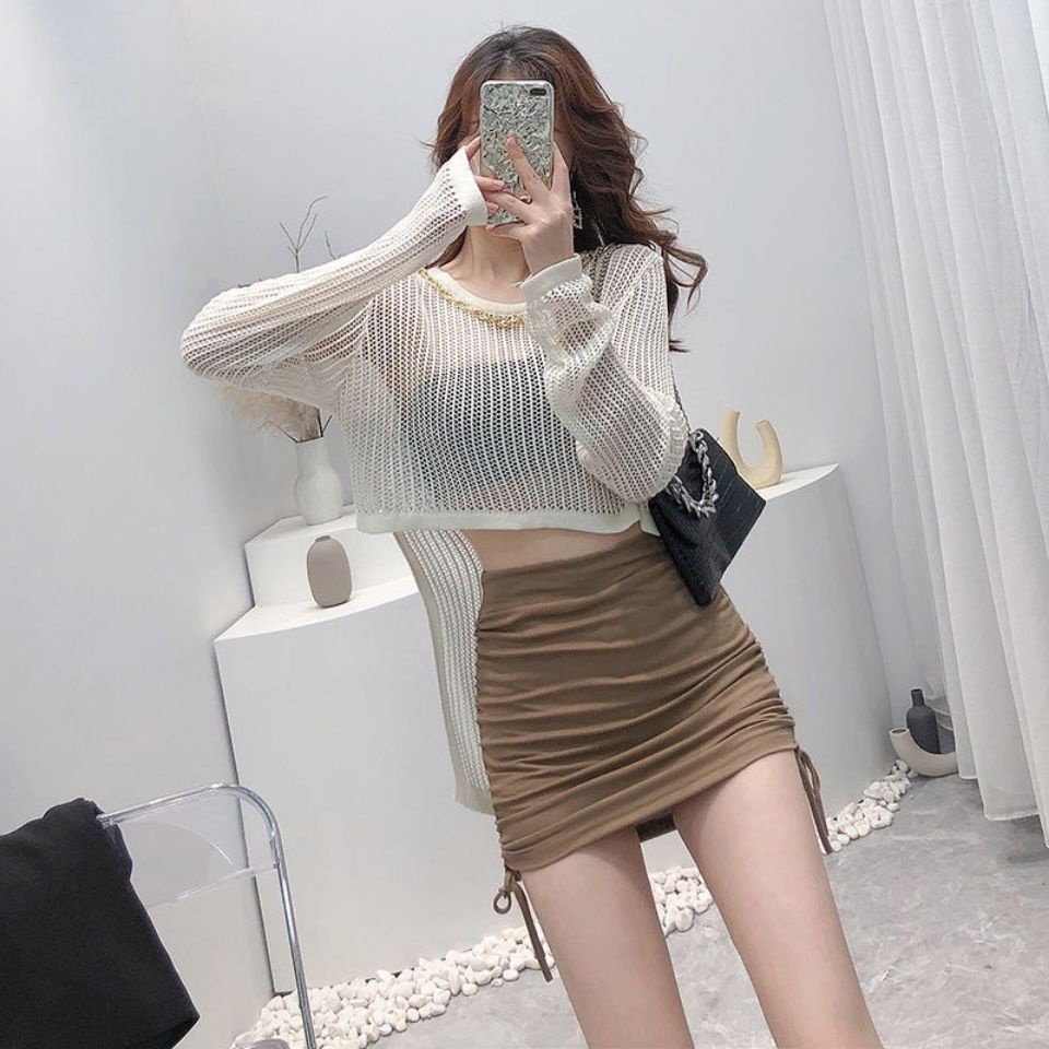Áo Dệt Kim Tay Dài Dáng Rộng Thiết Kế Lỗ Rỗng Phong Cách Mới Cho Nữ