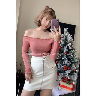 Áo len gân trễ vai tay dài