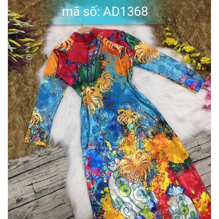Có bigsize 4XL AD1368 Set Áo Dài TRUYỀN THỐNG gấm in họa tiết tết nền xanh kèm quần ống rộng
