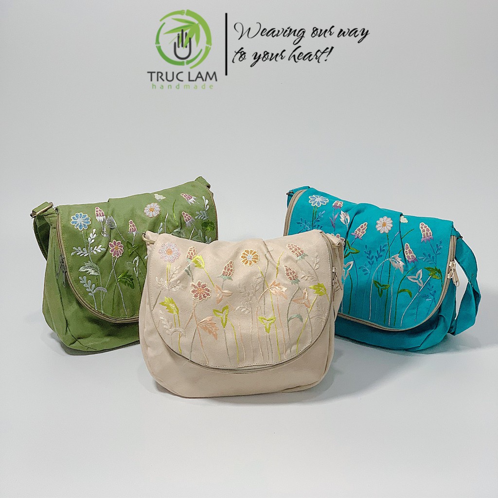 Túi Đeo Chéo Thời Trang Nữ Vải Da Lộn Thêu Tay Họa Tiết Cành Hoa (A) - Trúc Lâm Handmade