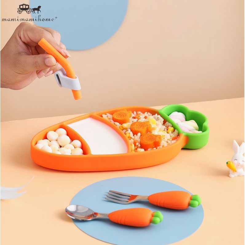 Bộ muỗng nĩa ống hút và đĩa ăn Mamimamihome silicon thiết kế kiểu cà rốt không chứa BPA dành cho trẻ em