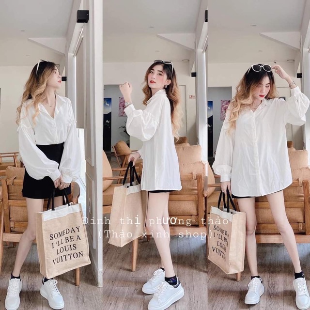 Áo sơ mi trắng đi học form rộng tay phồng phối bèo - A0P