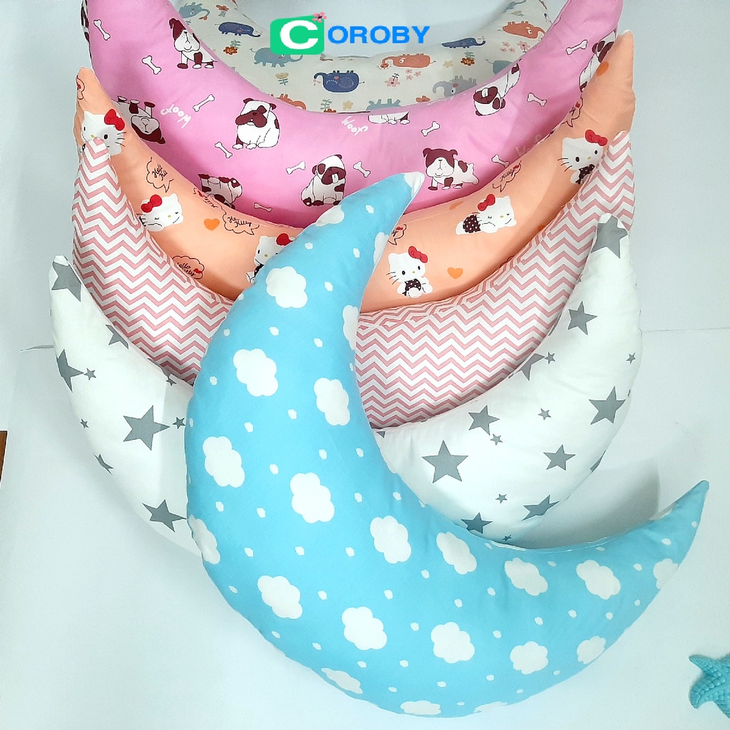 Gối ôm cho bé cao cấp COROBY gối hình mặt trăng siêu kute ruột bông gòn chống xẹp  vải cotton mềm mịn êm ái