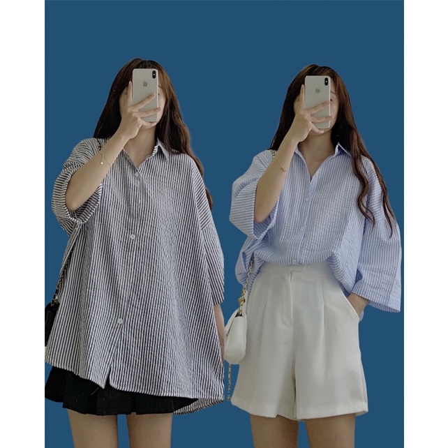 Áo sơ mi nữ tay lỡ Hàn Quốc, áo sơ mi kẻ sọc dáng rộng màu xanh,trắng kiểu ulzzang, áo sơ mi phong cách chất vải xốp