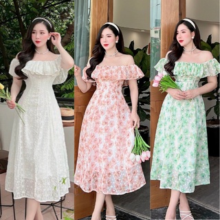 Đầm trễ vai, váy trễ vai đi biển, đi tiệc Chất liệu voan tơ hạt V3_Deloga