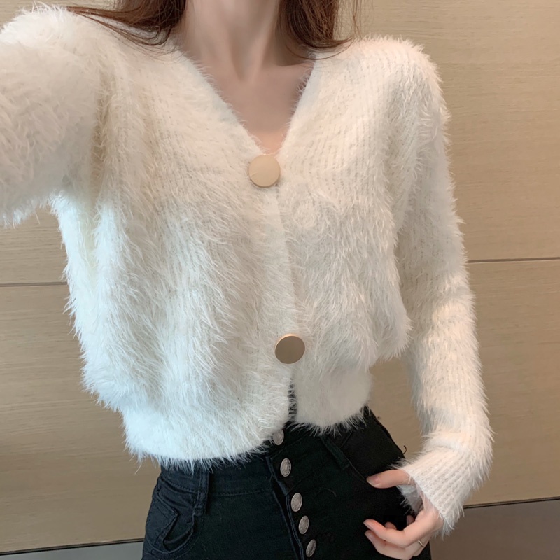 Áo khoác cardigan dệt kim IHKKE cổ chữ v dáng ngắn phong cách Pháp