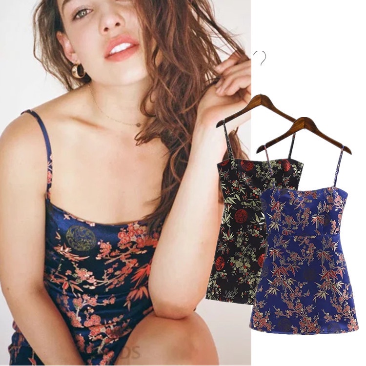 DUNEA Đầm Hai Dây Ôm Dáng Vải Satin Thêu Họa Tiết Cho Nữ