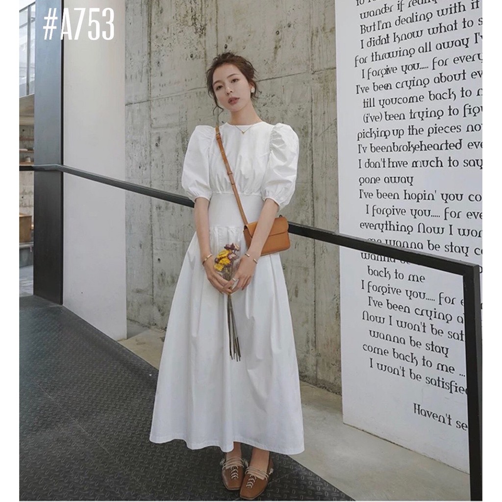 Đầm Trắng Tay Phồng Vintage Nhún Eo